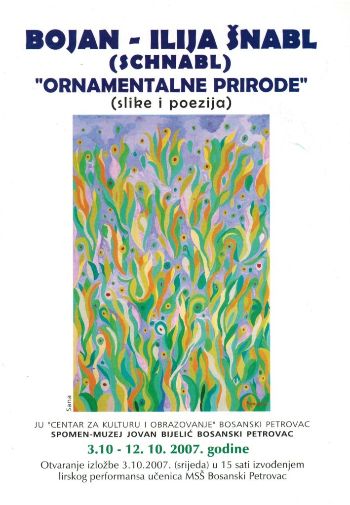 Invitation to Bojana Šnab's exhibition entitled ‘Ornamental Nature (pictures and poetry)’ at the Jovan Bijelić Memorial Museum in Bosanski Petrovac on 3 October 2007.
