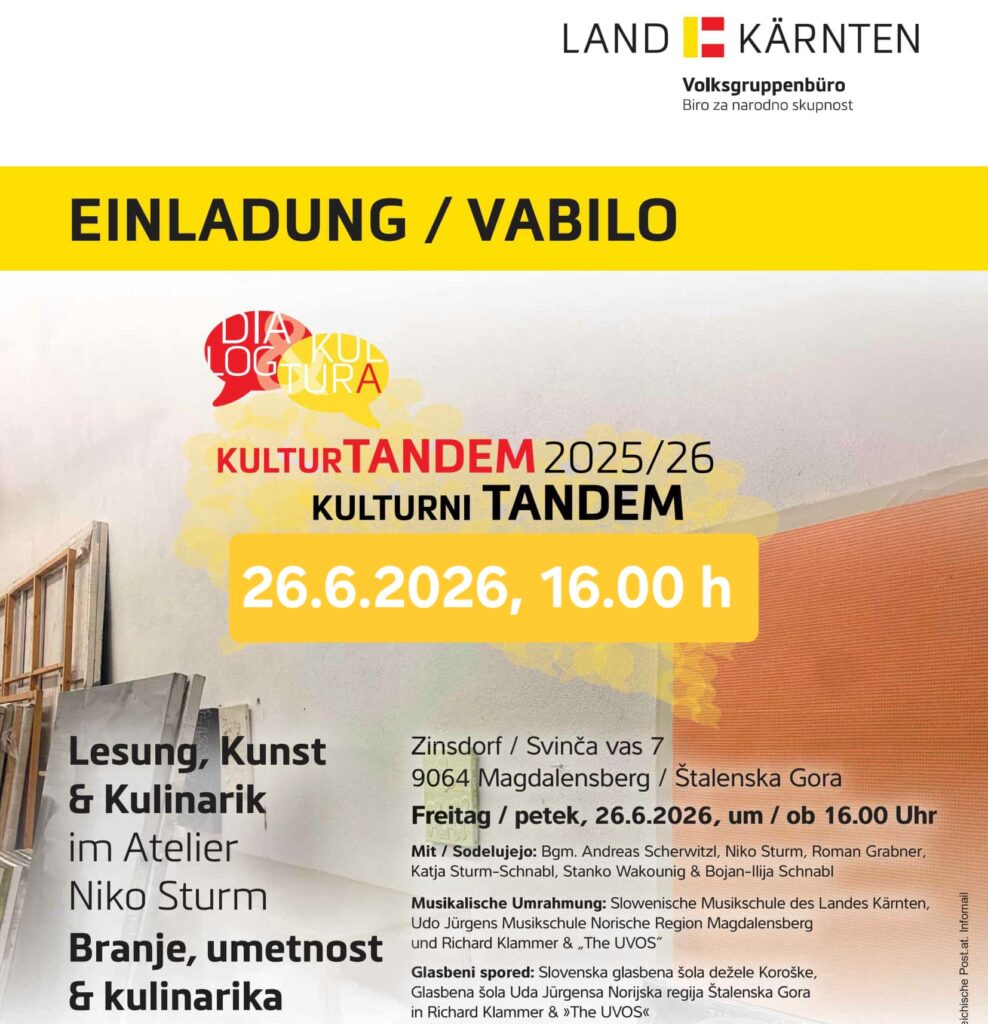 Kulturni_tandem_branje Einladung / vabilo 26.6.2026 Zinsdorf/Svinča vas, Lesung / branje